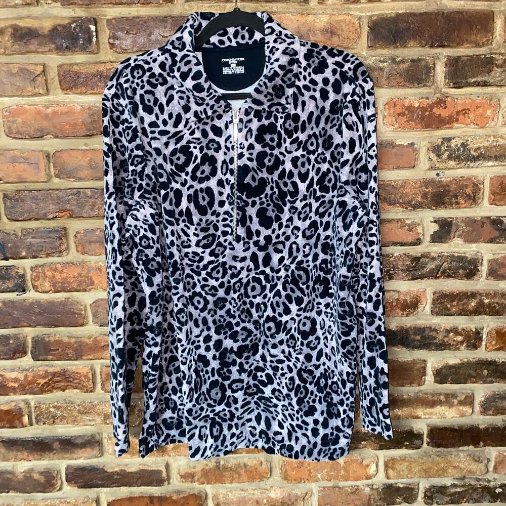 Jones New York Beige Black Leopard Quarter 1/4 Zip Fleece Sweatshirt Women's XL